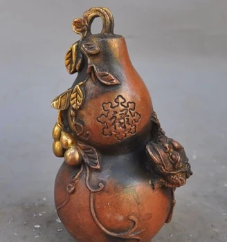 

6"china fengshui bronze gilt wealth Golden Toad Bufo statue Gourd Calabash Hoist