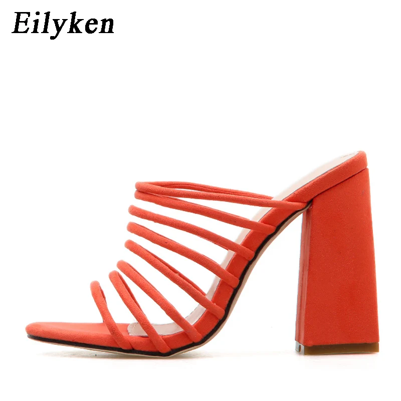 Eilyken/Новинка года; женские шлепанцы на квадратном каблуке; женские шлепанцы с открытым носком на высоком каблуке; модные сандалии для вечеринки; цвет оранжевый