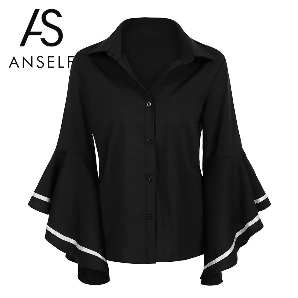 

Anself Oversized Shirt Plus Size Chiffon Blouse Flare Sleeve Contrast Stripe Turn Down Collar 3/4 Sleeve Button Loose Blouses