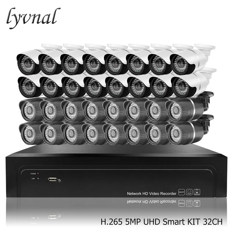 

LYVNAL H.265 Security IP camera 5mp 32CH bullet Surveillance camera kit waterproof p2p ONVIF 32 CH smart nvr kit with 4tb hdd