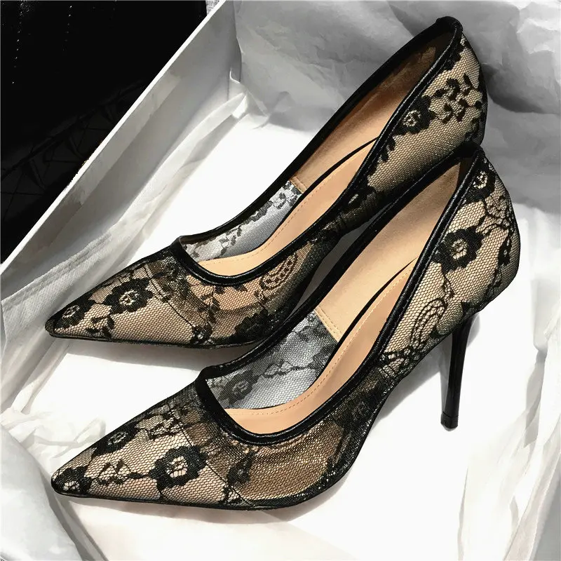 

Fashion Delicate Sweet Lace High Heel Shoes Side Hollow Pointed Women Pumps Pointed Toe 10CM thin Dress Shoes