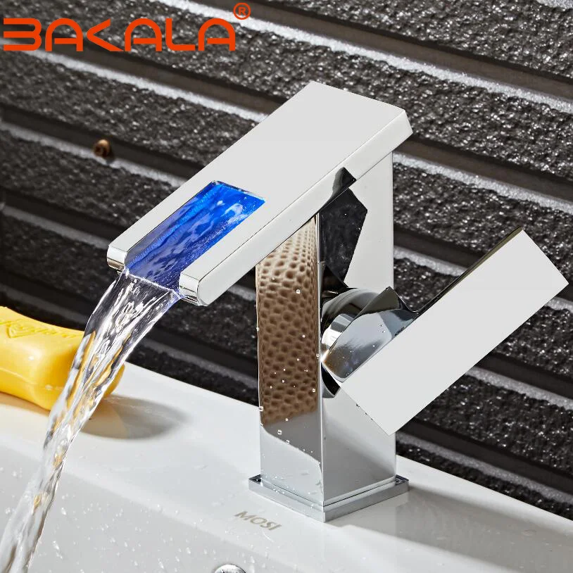 

BAKALA Bathroom Waterfall Led Faucet Glass Waterfall Brass Basin Faucet Bathroom Mixer Tap Deck Mounted Basin Snk Mixer Tap
