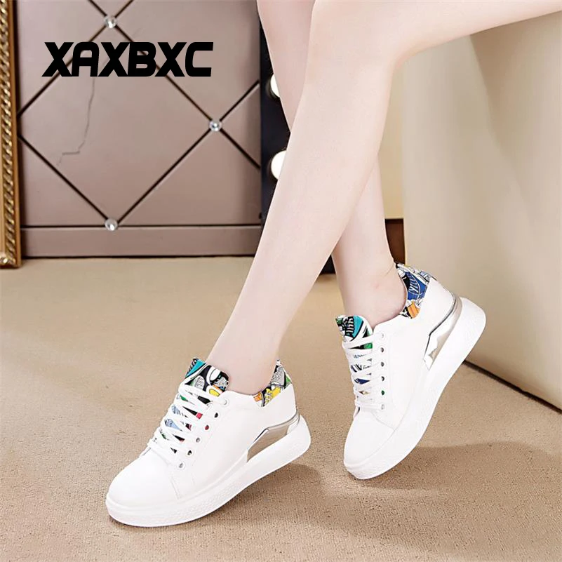 

XAXBXC 2018 New Spring Autumn Leather Increasing Platform Wedge Casual Women White Sneakers Mujer Vulcanized Loafers Shoes