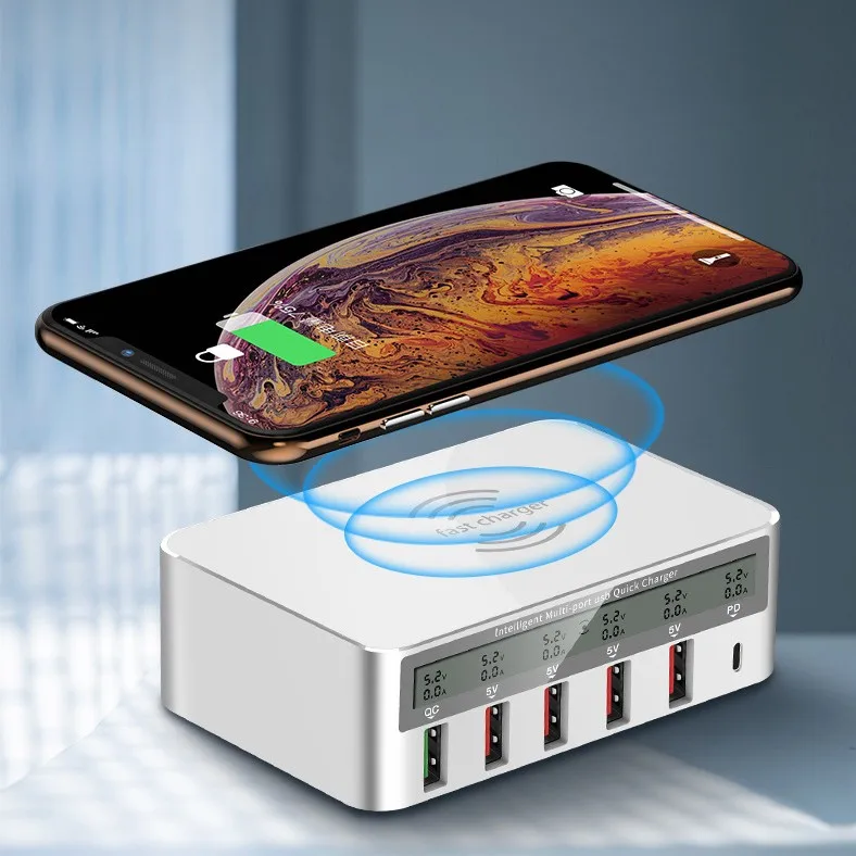 Зарядное устройство QC3.0 USB с цифровым дисплеем беспроводное быстрое зарядное QI