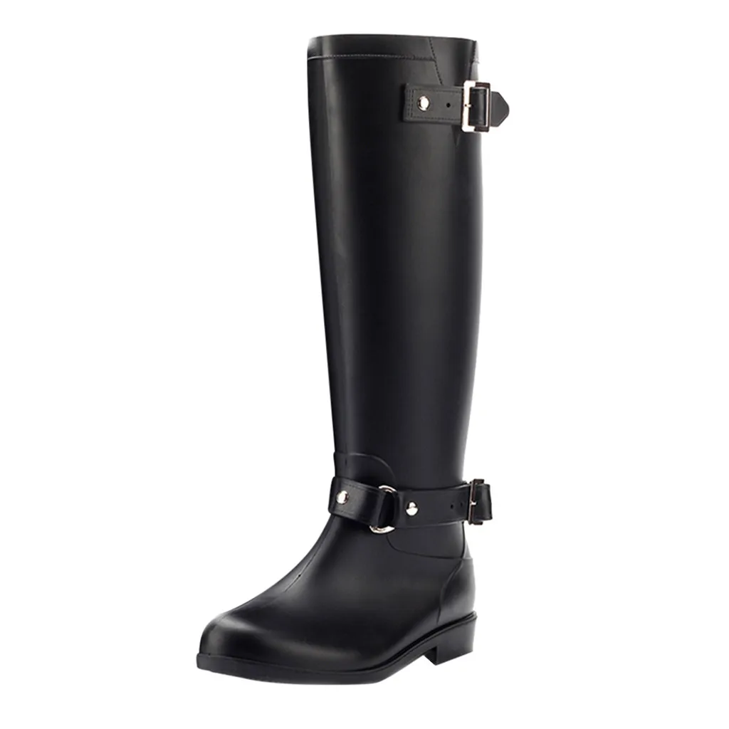 Модные женские кожаные теплые высокие сапоги до колена зимняя обувь на низком каблуке с круглым носком и пряжкой водонепроницаемые высокие непромокаемые сапоги-трубы - Цвет: Черный