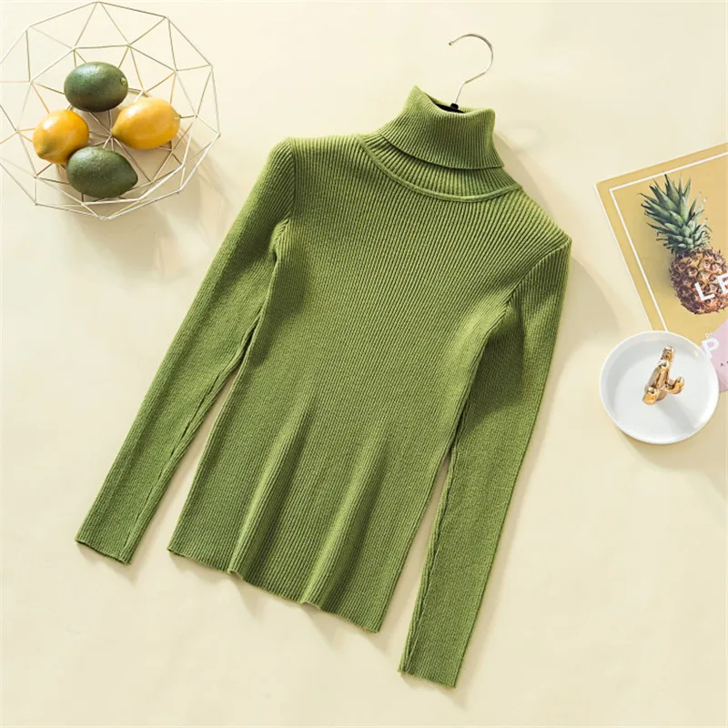 Распродажа, осенне-зимний женский вязаный свитер с высоким воротом, повседневный мягкий однотонный джемпер, модный тонкий женский эластичный пуловер - Цвет: XLW306 green