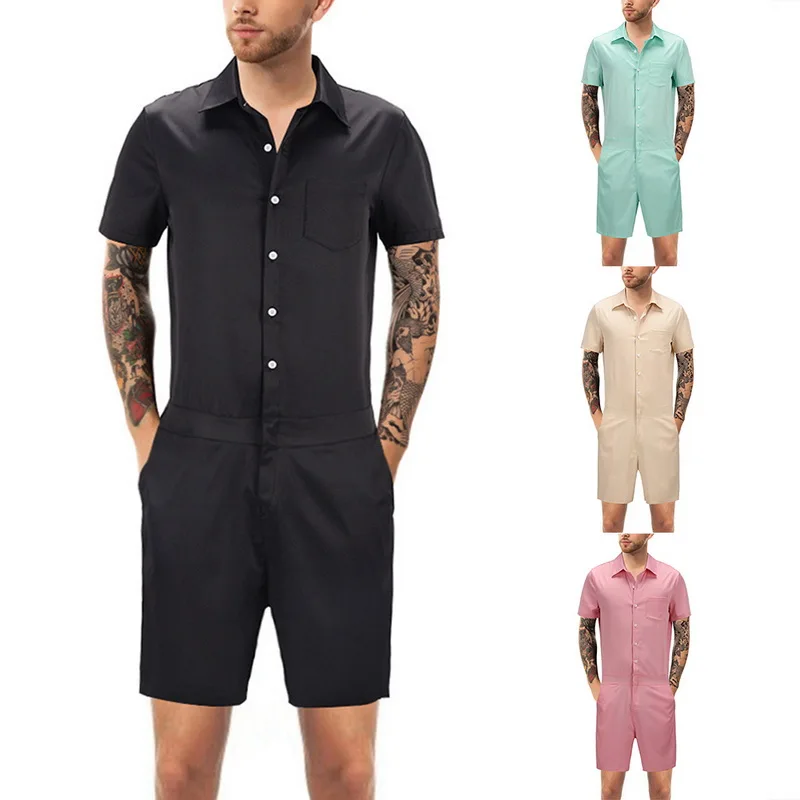 

MoneRffi Casual Summer Men Fitness Rompers Overall Pants Male Bodysuits Single Breasted Short Jumpsuit Trousers Body Suits Homme