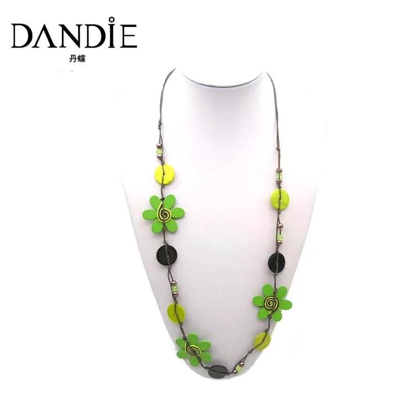 

Dandie Trendy Green Necklace, with Flower Shape Wooden and Shell Long Jewelry