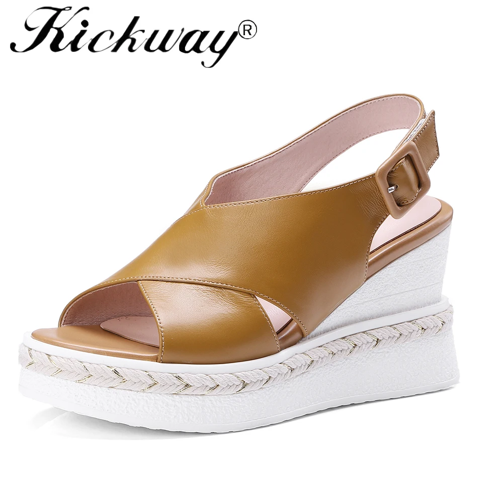 

Kickway Women Sandals Casual Genuine Leather Wedge Sandals Summer Ankle Strap High Heel Platform Pump Shoes With Jute Large Size