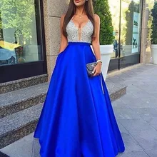 JaneVini халат Bal Королевский синий атласное выпускное платье Сверкающее, расшитое бисером арабских Для женщин вечерние платья с открытой спиной Линия Длинные вечерние платье