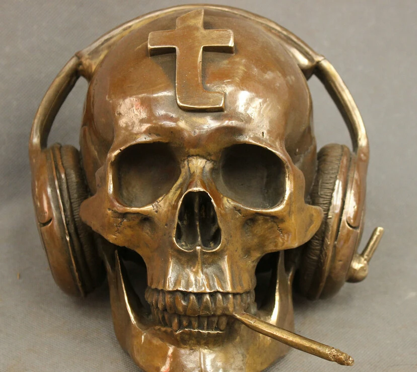 

Collectible bronze S1314 10" Chinese Bronze Copper Man Die Skull Head Statue Ear Cup Art Sculpture Set B0403