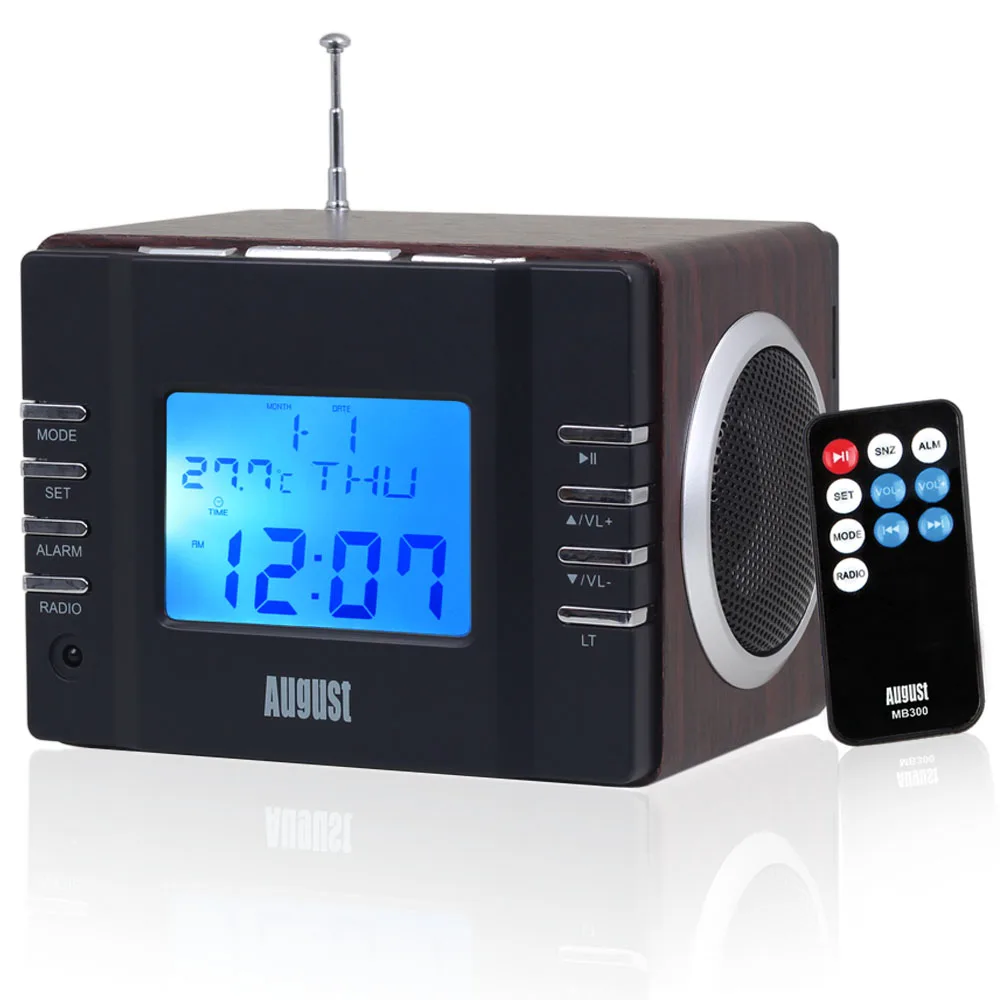 August MB300 Mini Wood Portable Speaker with MP3 Clock System FM Radio with USB In / Aux IN / SD Card 2x3W HIFI Loud Speakers August MB300 Mini Wood Portable Speaker with MP3 Clock System FM Radio with USB In / Aux IN / SD Card 2x3W HIFI Loud Speakers