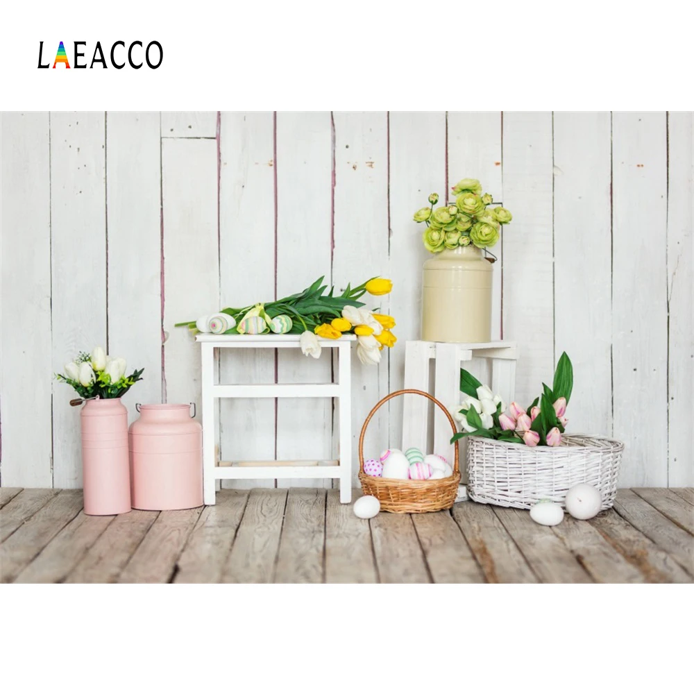 

Laeacco Spring Flowers Easter Eggs Wooden Planks Baby Photography Backgrounds Customized Photographic Backdrops For Photo Studio