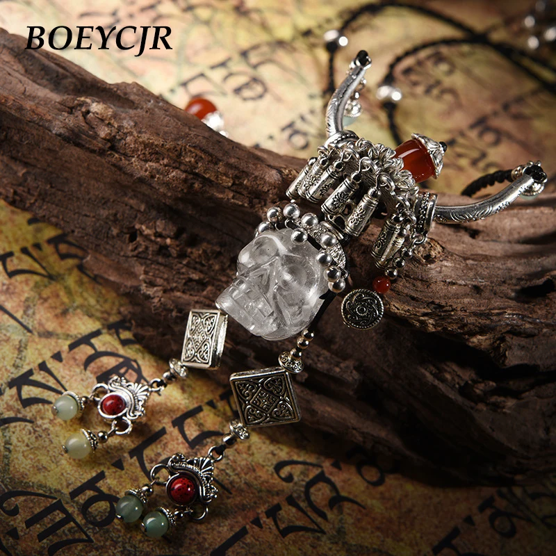 

BOEYCJR Punk Style Skull Natural Stone Necklace Chain Handmade Ethnic Vintage Long Pendant Necklace For Women Jewelry 2018
