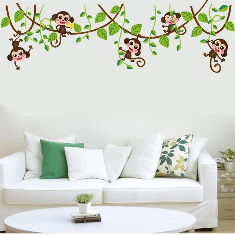 Baby Wall Decor Cartoon Monkey Tree Jungle Animals Theme Wall Art Decal Sticker Mural Decoration For Living Room Nursery Baby Girl Boy Kid Childrens Room Bedroom Decor