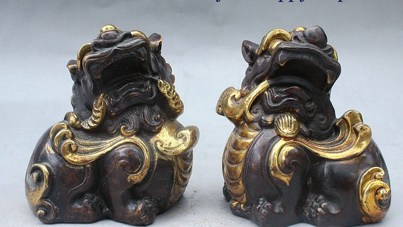 

5" China Royal FengShui Bronze Gilt Wealth Coin RuYi Unicorn Kylin Statue Pair
