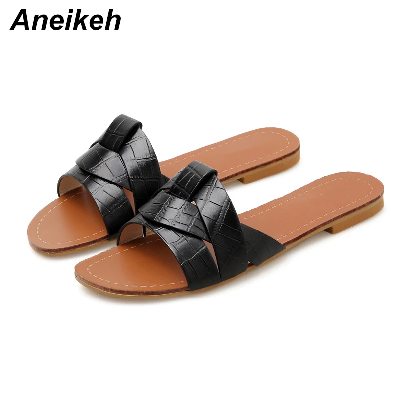 

Aneikeh 2019 Leisure PU Flats Lady Sandals Slippers Women Slip On Round Toe Women Outdoor Slipper Shoes Woman Black Daily 35-40
