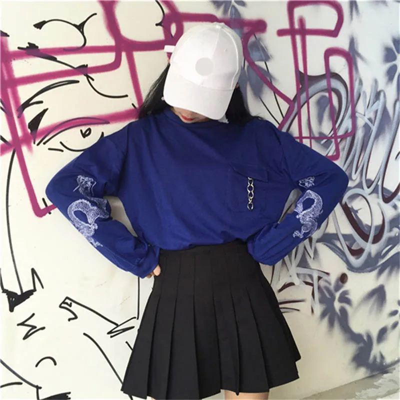 Корейский Ulzzang Вышивка Дракон карман Топ Синий металлическая цепочка кисточкой с длинными рукавами BF уличная Kpop панк Футболка Мода Tumblr IG