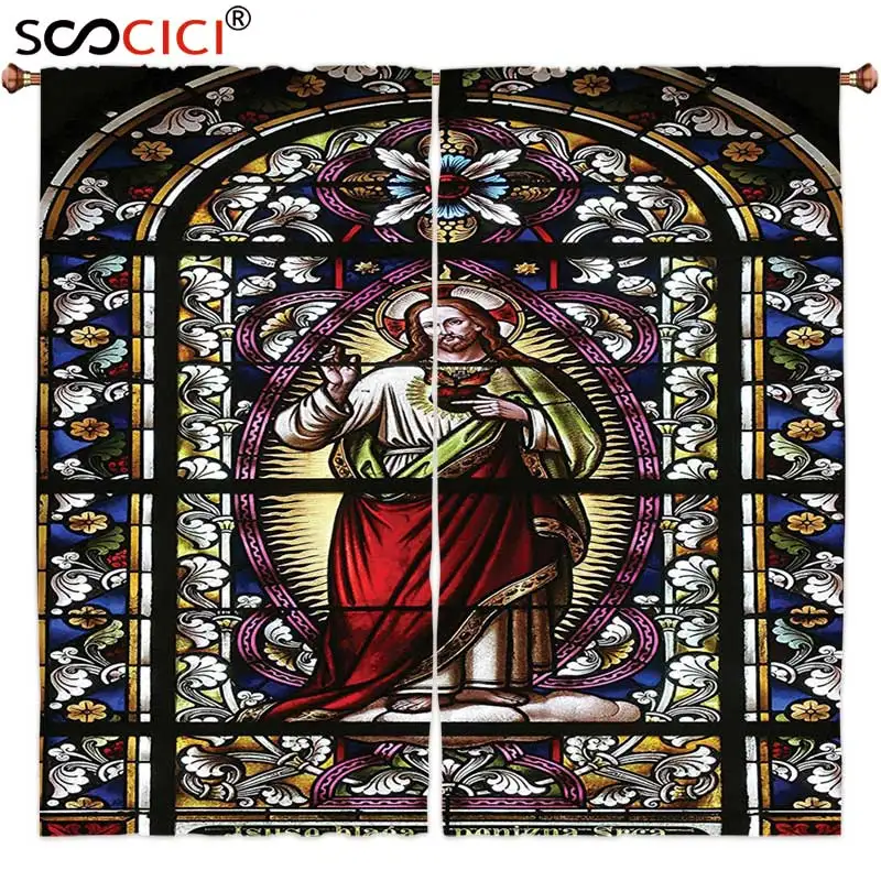 

Window Curtains Treatments 2 Panels,Sacred Heart of Jesus Pictures Catholic Gifts Believe Art Christian Church Cathedral Window