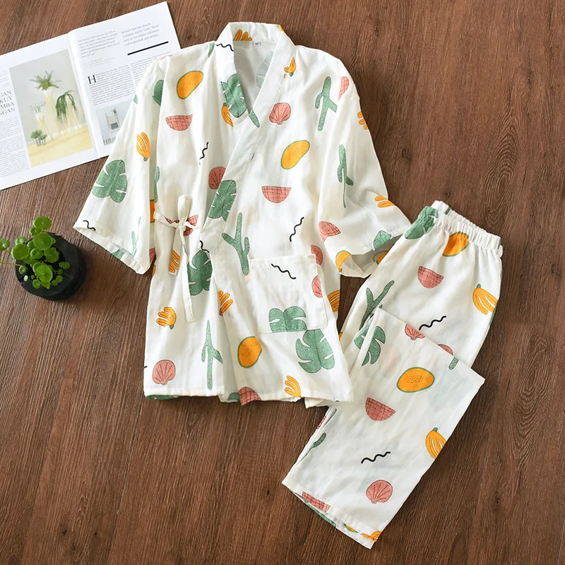 Японский Женский пижамный комплект из чистого хлопка, кимоно со средним рукавом, традиционный домашний костюм с принтом, Повседневная Ночная рубашка юката, домашняя одежда