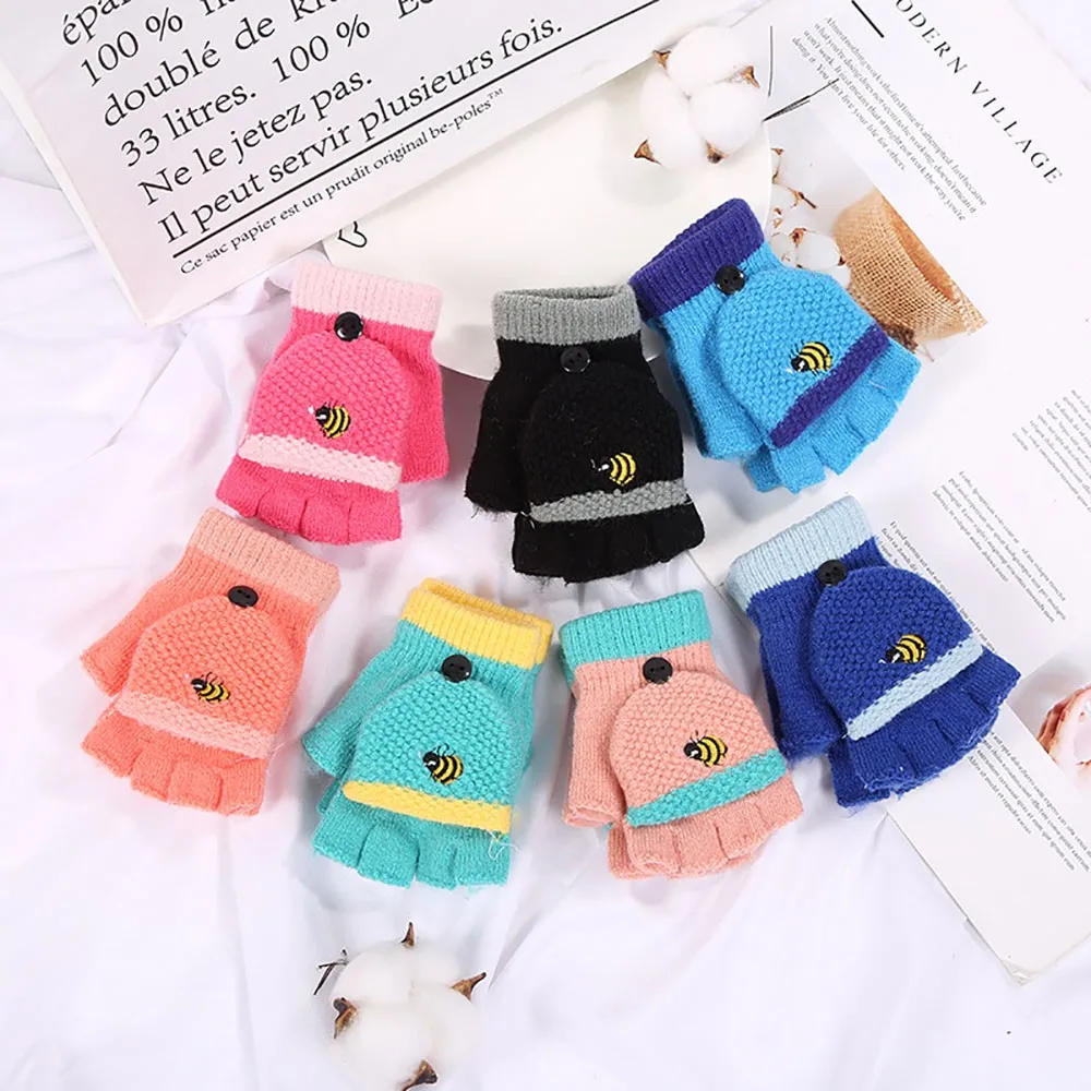 

MUQGEW Children Kids Winter Gloves Baby Girls Boys Half Finger Cartoon Honeybee Patchwork Keep Warm Baby Mittens Knitted Gloves