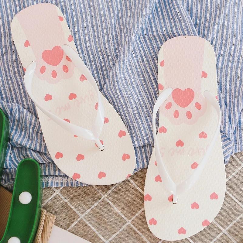 

Women Beach Flip Flops Summer Cartoon Cute Cat Foot Print Flats Slippers Ladies Comfy Shoes Woman Home Pool Slippers