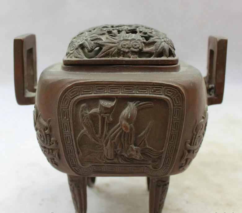 

song voge gem S2453 5" Marked Chinese Bronze 4 Foot dragon handle plum blossom Incense Burner Censer