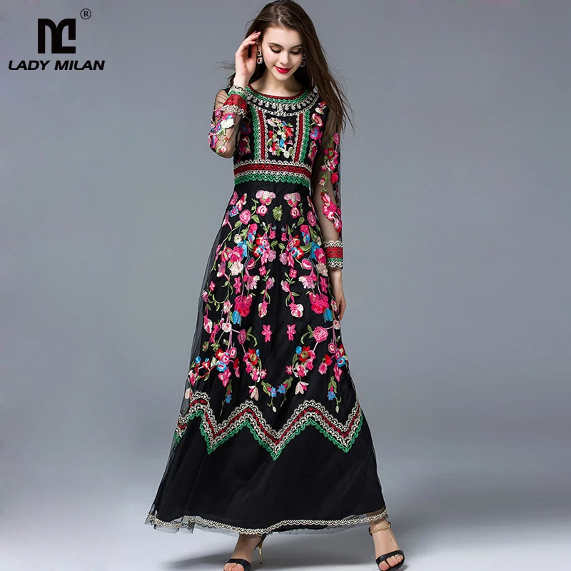 

New Arrival 2016 Laides' O Neck Long Sleeves Embroidery A Line Layered Elegant Maxi Runway Dresses in Two Colors Plus Sizes