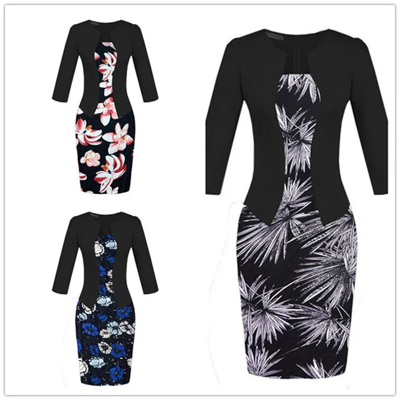Plus Size XXXL Pencil Work Dresses Present With Belt One Piece Dress Patchwork Fake 2 Pcs Business Formal Office Bodycon Dress (11)