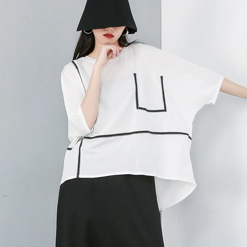 

TVVOVVIN 2019 New Spring Summer Round Neck Three-quarter Sleeve Line Split Joint Loose Big Size T-shirt Women Fashion Tide V860