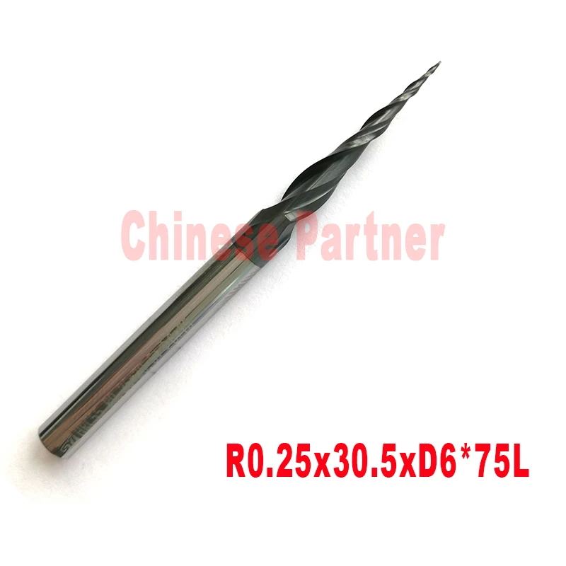 

R0.25/R0.5/R0.75/R1/R1.5/R2 D6x75L shank 6mm HRC55 Tungsten solid carbide Taper Ball Nose EndMill milling cutter cnc router bit