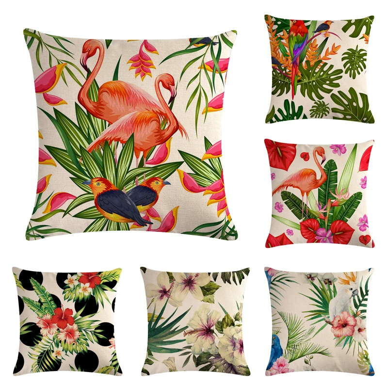 

Tropical Flower Palm Leaf Green Leaves Monstera Cushion Covers Hibiscus Flower Cushion Cover Decorative Beige Linen Pillow Case