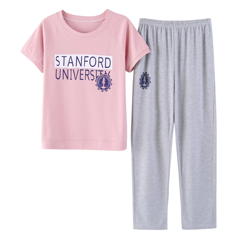 

Free Shipping Summer 100%Cotton Women Short Sleeve+Long Pants Pajamas Set Letter Pattern Round Neck Casual Female Sleepwear