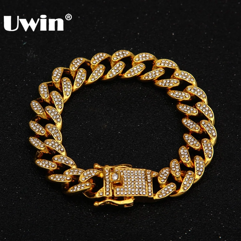 

Uwin Iced Out Cuban Link Bracelets Fashion Hiphop Box Clasp Rhinestones Gold Color 13mm Bracelet Jewelry For Men Drop Shipping