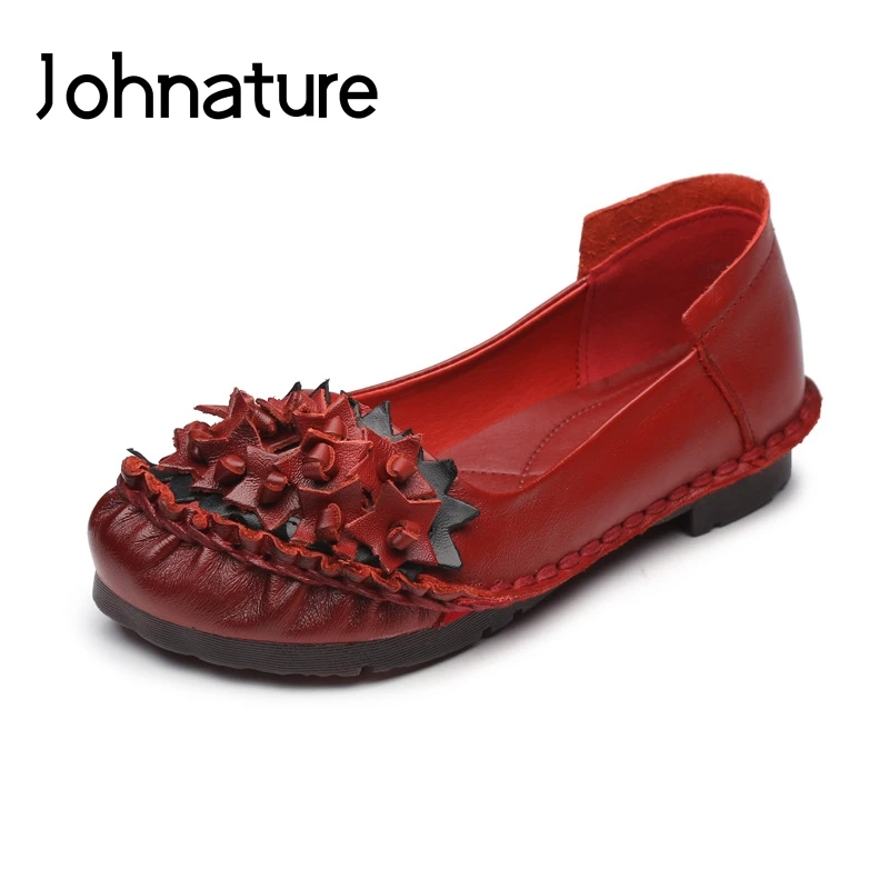 

Johnature 2019 New Spring Genuine Leather Round Toe Shallow Flowers Pleated Soft Sole Comfortable Women Shoes Pumps Low Heels