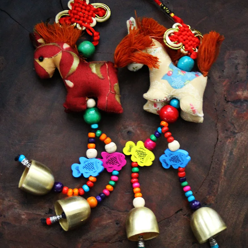 

Ethnic Characteristics Chinese Knot Wind Chime Dongba Cloth Cartoon Small Horse Beaded Wood Fish Double Bells Hanging Decoration