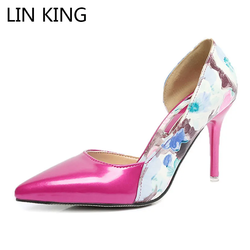 

LIN KING Fashion Floral Slip On Women Pumps Slim Pointed Toe Thin Heel Office Lady Single Shoes Shallow High Heel Party Shoes