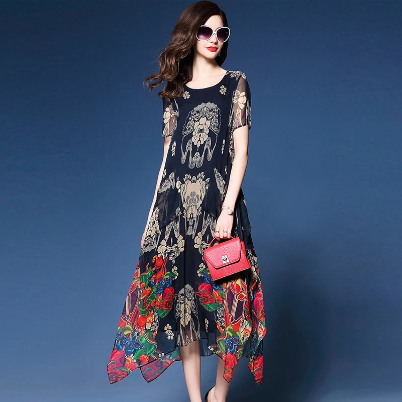 

S-3XL!New Arrive Female Chiffon Print One-Piece Dress Medium-Long Loose Expansion Bottom Full Floral Print Dress Loose