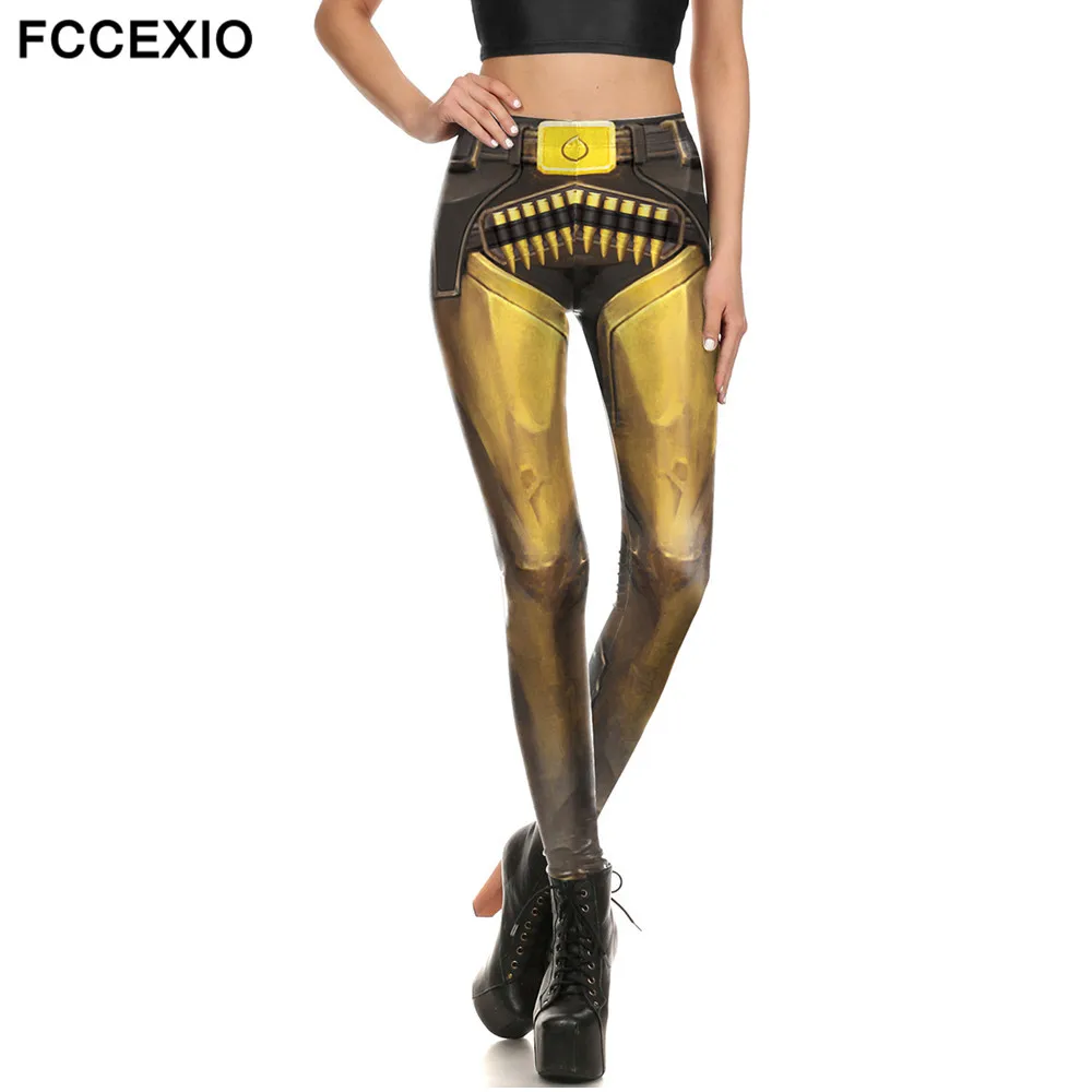 

FCCEXIO New Trend Captain America Metal Armour Legins Robot Mechanical Print Women Leggings Girl's Cool Stretch Fitness Trousers