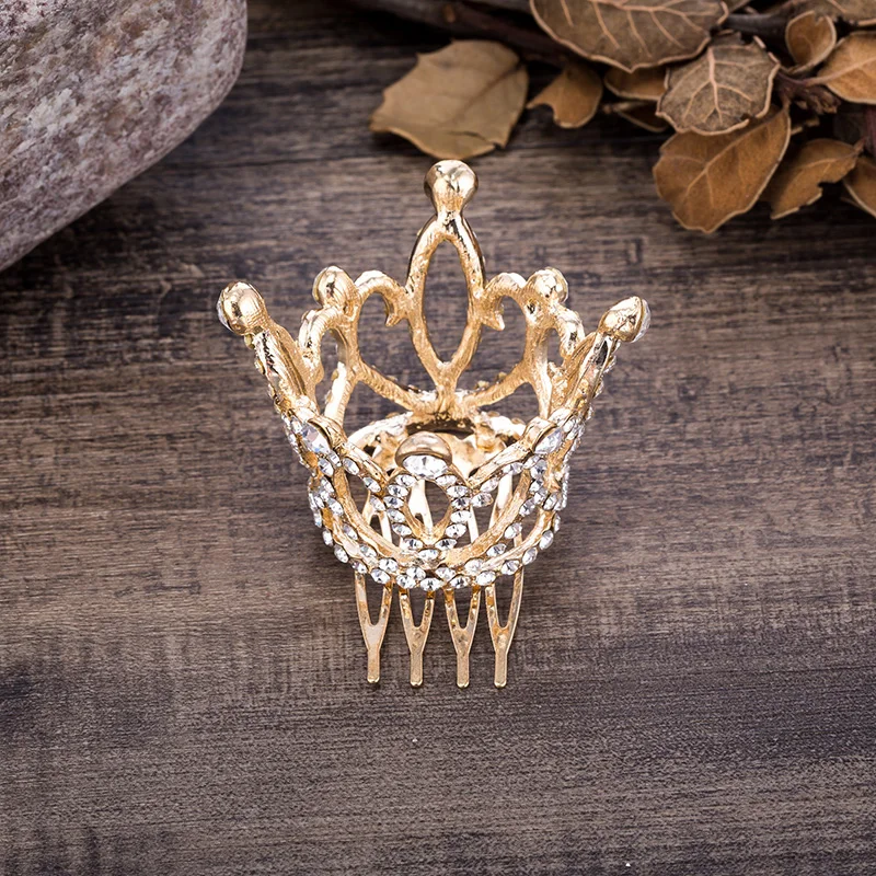 Wedding Hair Accessories Gold Color Mini Round Crystal Rhinestone Tiaras and Crowns Pageant Prom Princess Comb Tiara Crown (1)