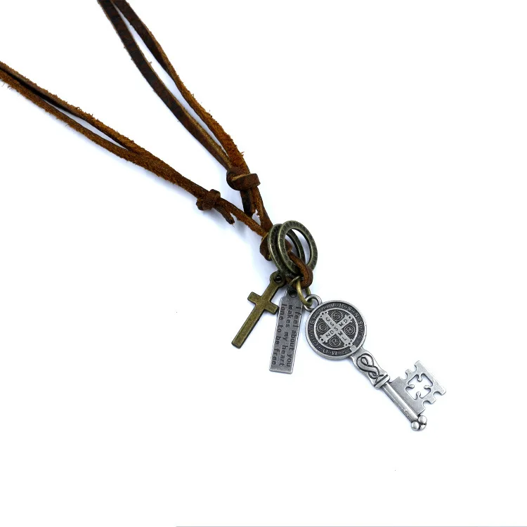 Genuine Leather Male Necklace 2016 High Quality Kay Pendant Handmade Retro Charming Jewelry Double Chain Wholesale | Украшения и