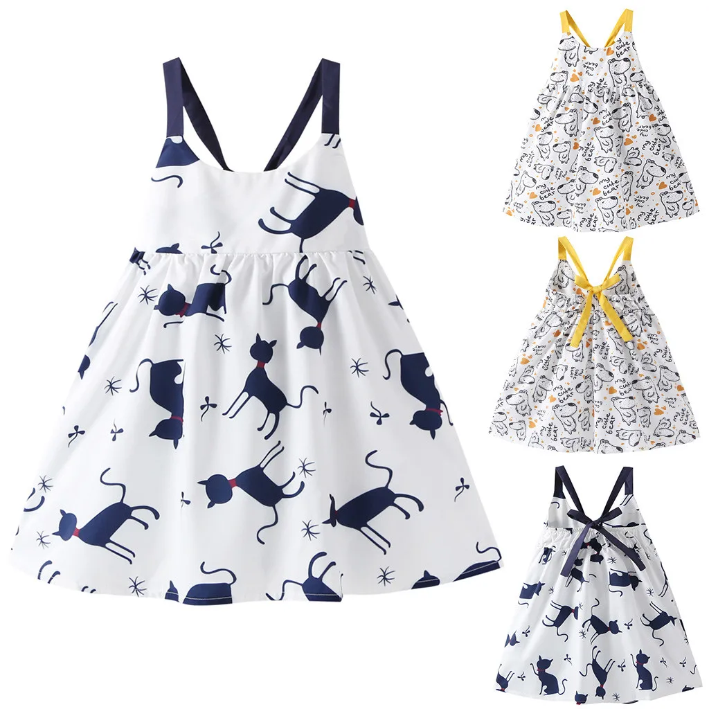 

Small Fresh Summer Toddler Baby Girls Sleeveless Sling Cartoon Cat Puppy Print Dress Straps Vest Dresses kids dresses for girls