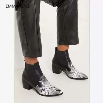

New Snake Prints Patchwork Ankle Boots Women Pointed Toe Cozy Chunky Heels Slip On Ladies Shoes Woman Black Short Martin Boots