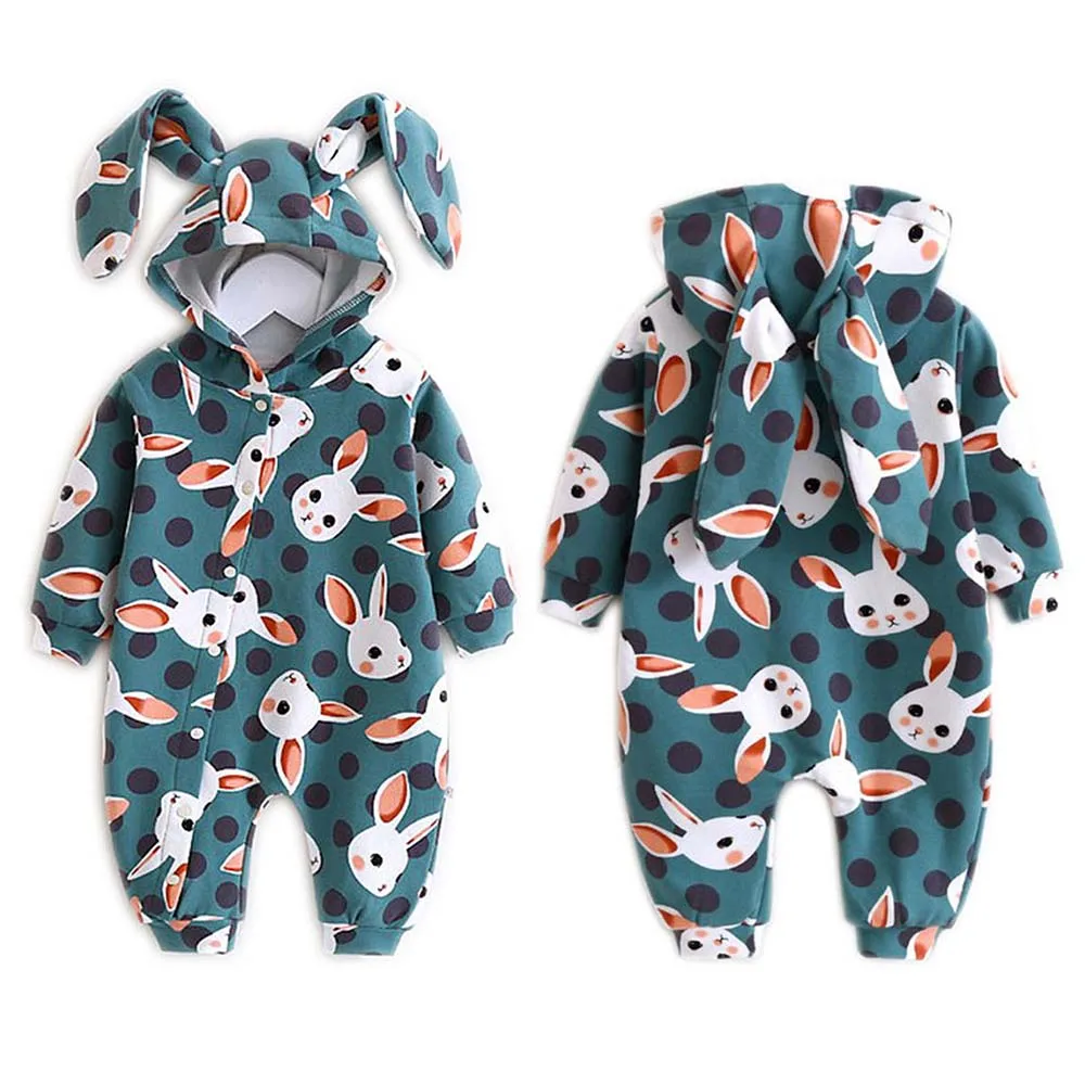 

Spring Baby Hooded Onesies Printed Animal Rabbit Ears Outing Clothes Single Layer Cotton Unisex Clothes Set