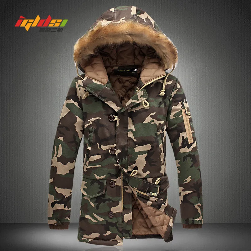 

Mens Long Winter Camouflage Down Jackets With Fur Hooded New 2017 Casual Outwear Thickening military down Parkas Male Big Coats
