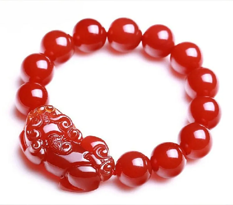 

2017 New Natural Red Agates Round Beads+3D Handmade Carved PIXIU Beaded Bracelet&Bangle Women Men's Gift Bracelets Jades Jewelry