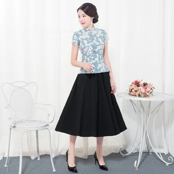 

Vintage Chinese Blouse Skirt Sets Womens Short Sleeve Shirt Mandarin Collar 2pc Clothing Summer Qipao Dress Size S-XXXL 9976
