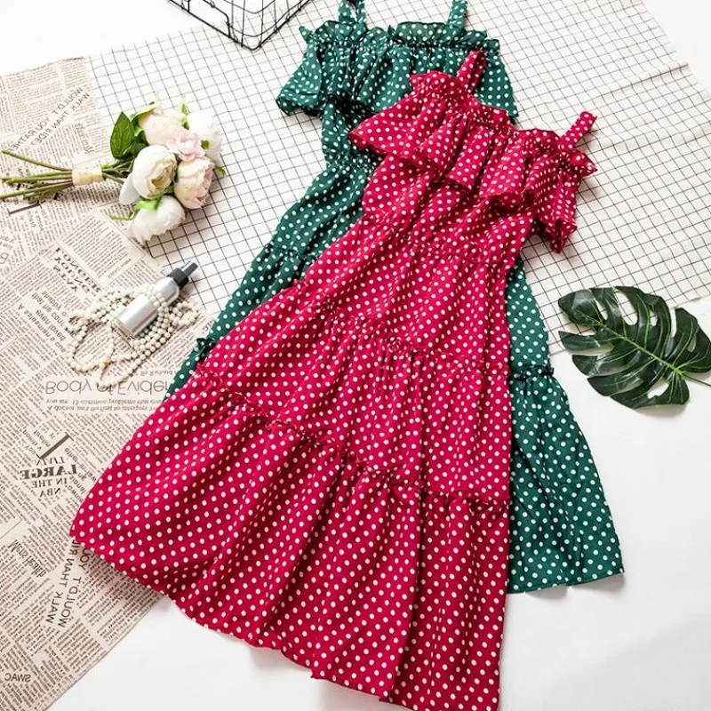 

SKOONHEID Women Polka Dot Dress Bohemian spaghetti strap dress summer short sleeves slash neck casual vintage chiffon sundress