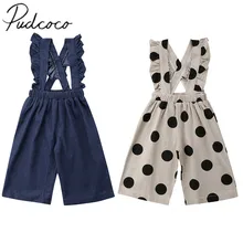 Фирменная Новинка Мода Дети для маленьких девочек джинсовый комбинезон штаны с подтяжками рюшами в горошек широкую ногу комбинезон из одного предмета одежда От 6 месяцев до 5 лет