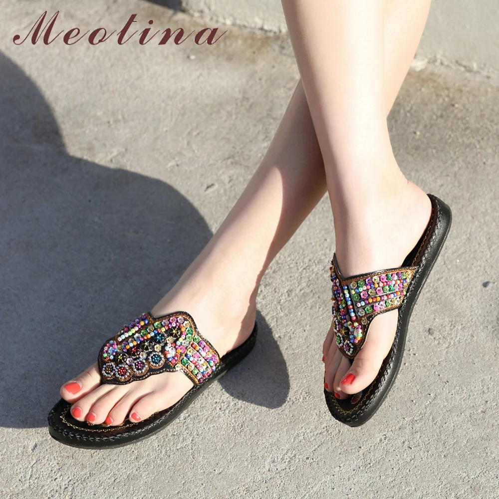 

Meotina Summer Slippers Women Shoes Bohemia String Bead Flat Flip Flops Shoes Flower Open Toe Slides Female Sandals Plus Size 44